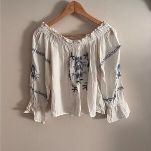 American Eagle Outfitters White Blouse with Blue Embroidery